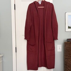 Cozy Long Hooded Cardigan in Rich Rust color